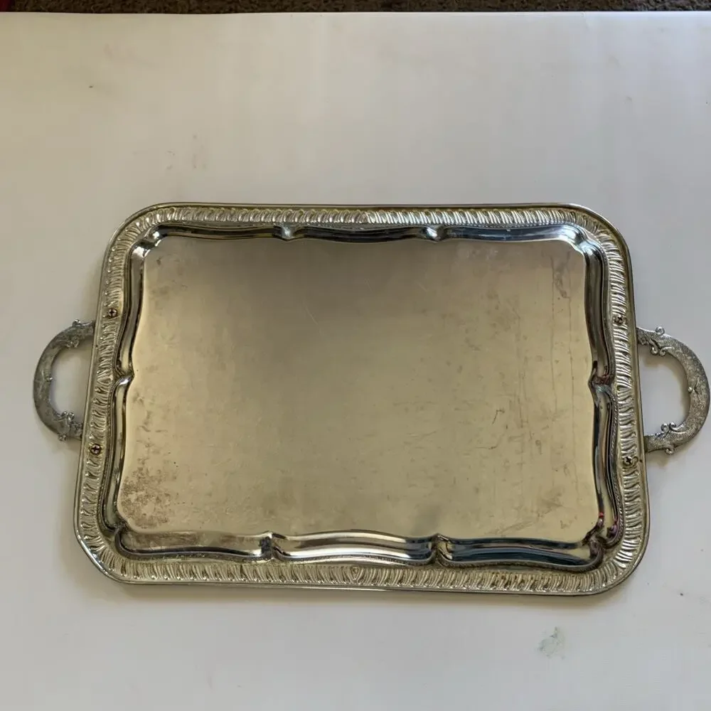 Large Stainless Steel Serving Tray Victorian Vintage Silver Color